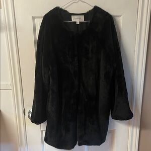 Popsugar faux fur black dressy 3/4 length collarless jacket women’s size XL